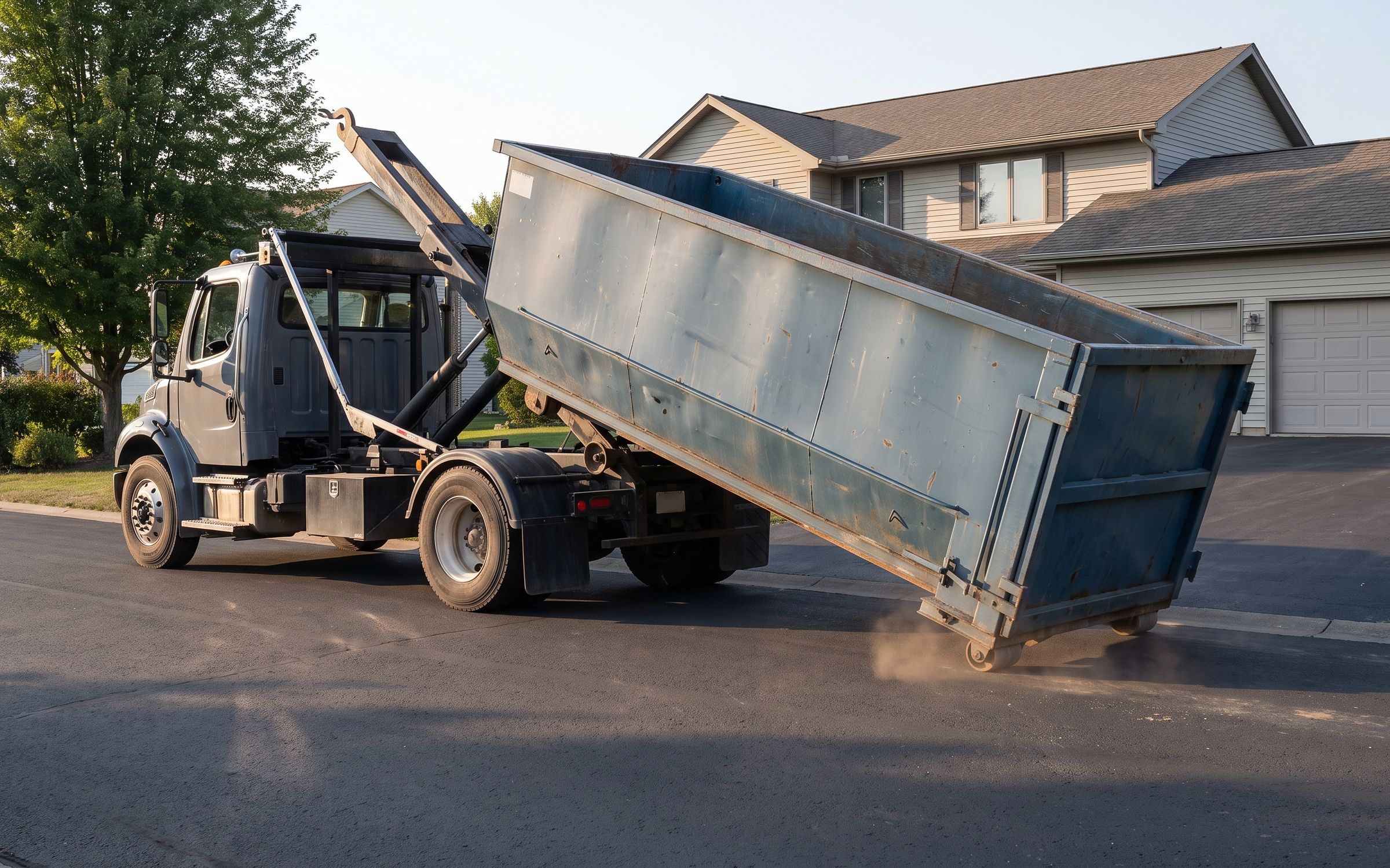 A G&S Trucking roll-off bin being lowered onto a residential driveway